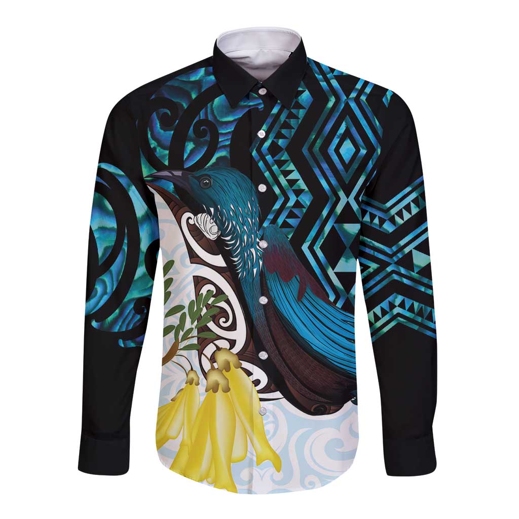 New Zealand Silver Fern Tui Bird Long Sleeve Button Shirt Maori Kowhai Paua Shell Taniko Motifs