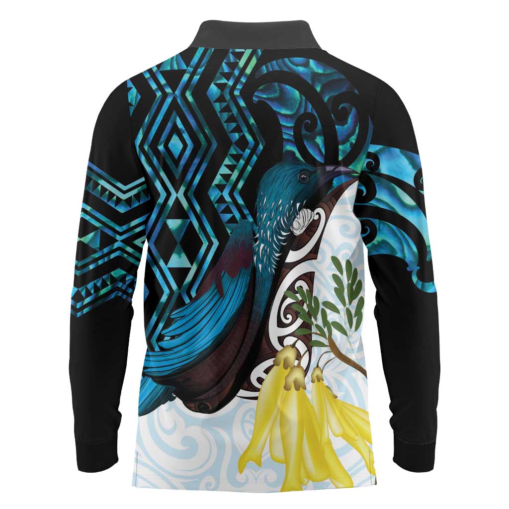 New Zealand Silver Fern Tui Bird Long Sleeve Polo Shirt Maori Kowhai Paua Shell Taniko Motifs