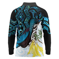 New Zealand Silver Fern Tui Bird Long Sleeve Polo Shirt Maori Kowhai Paua Shell Taniko Motifs