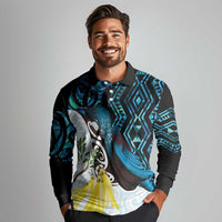 New Zealand Silver Fern Tui Bird Long Sleeve Polo Shirt Maori Kowhai Paua Shell Taniko Motifs
