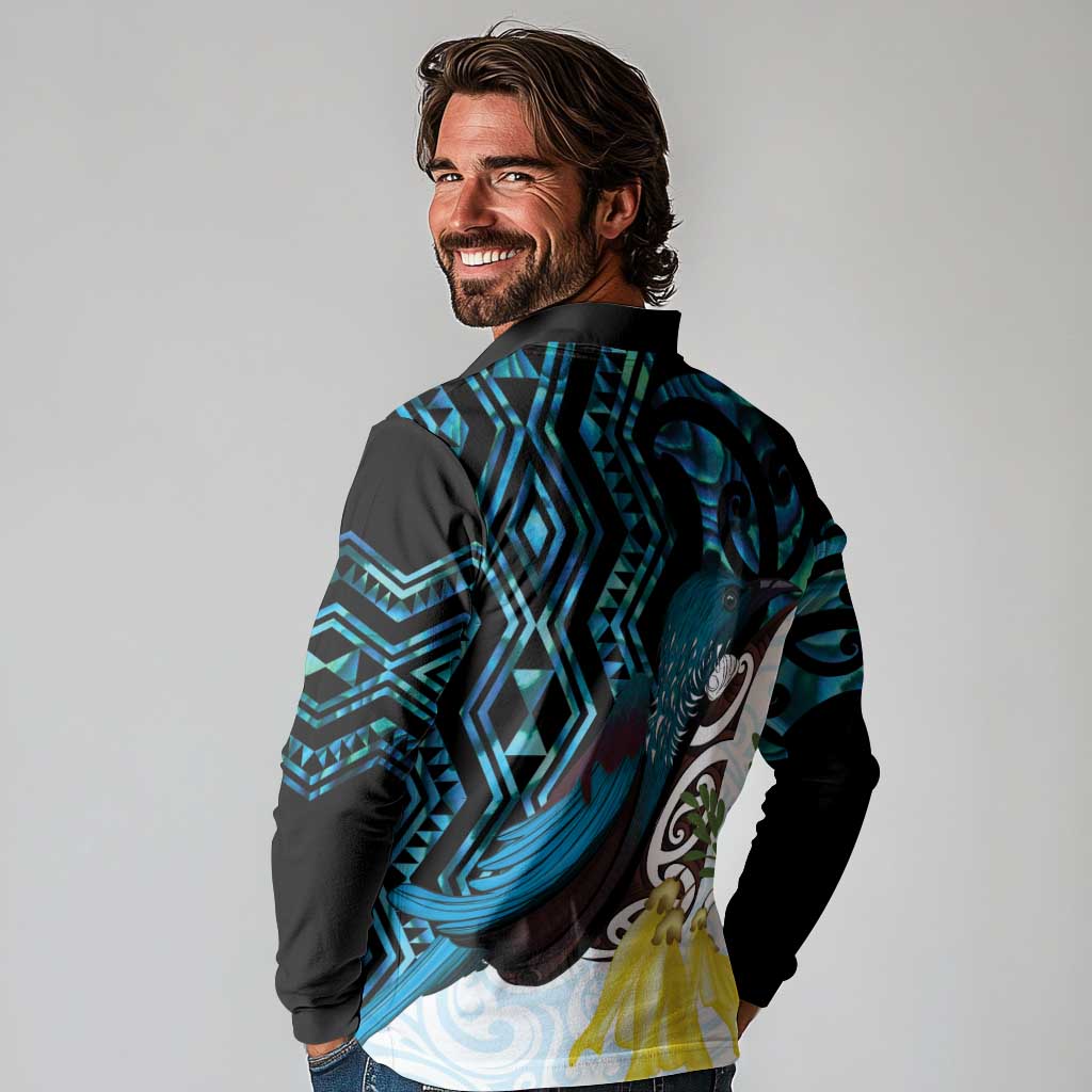 New Zealand Silver Fern Tui Bird Long Sleeve Polo Shirt Maori Kowhai Paua Shell Taniko Motifs