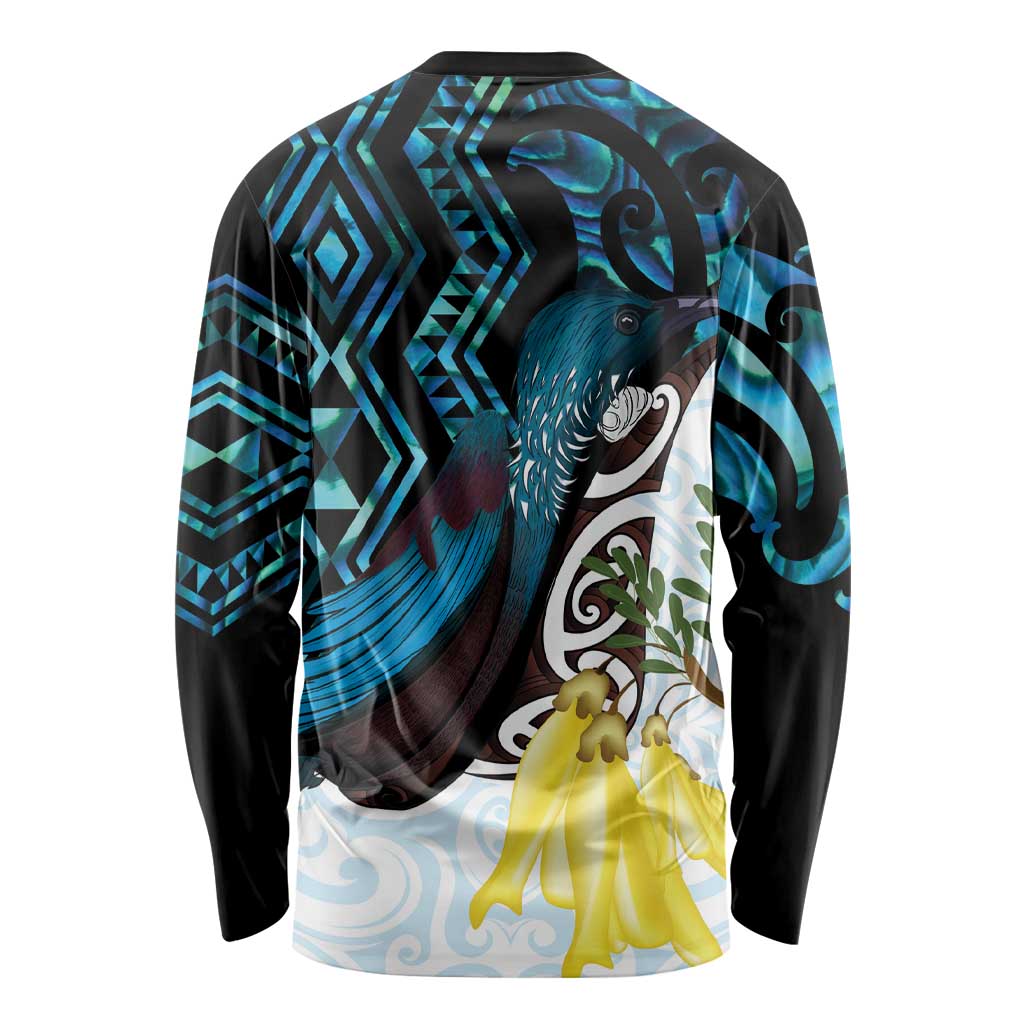New Zealand Silver Fern Tui Bird Long Sleeve Shirt Maori Kowhai Paua Shell Taniko Motifs