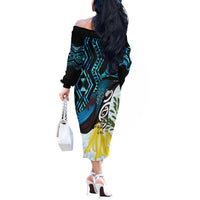 New Zealand Silver Fern Tui Bird Off The Shoulder Long Sleeve Dress Maori Kowhai Paua Shell Taniko Motifs