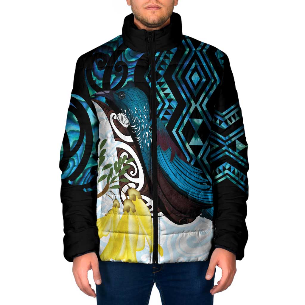 New Zealand Silver Fern Tui Bird Padded Jacket Maori Kowhai Paua Shell Taniko Motifs - Polynesian Pride