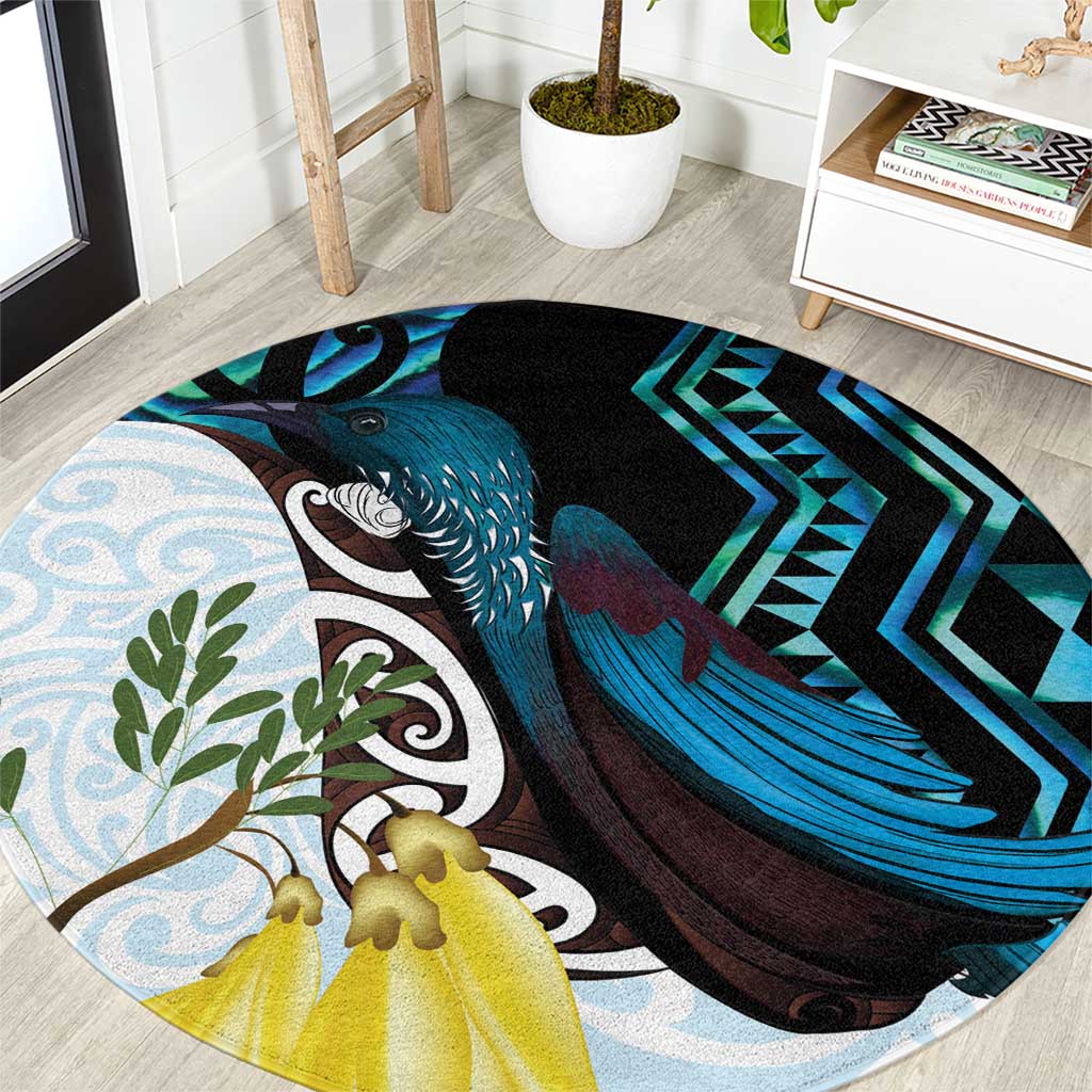 New Zealand Silver Fern Tui Bird Round Carpet Maori Kowhai Paua Shell Taniko Motifs