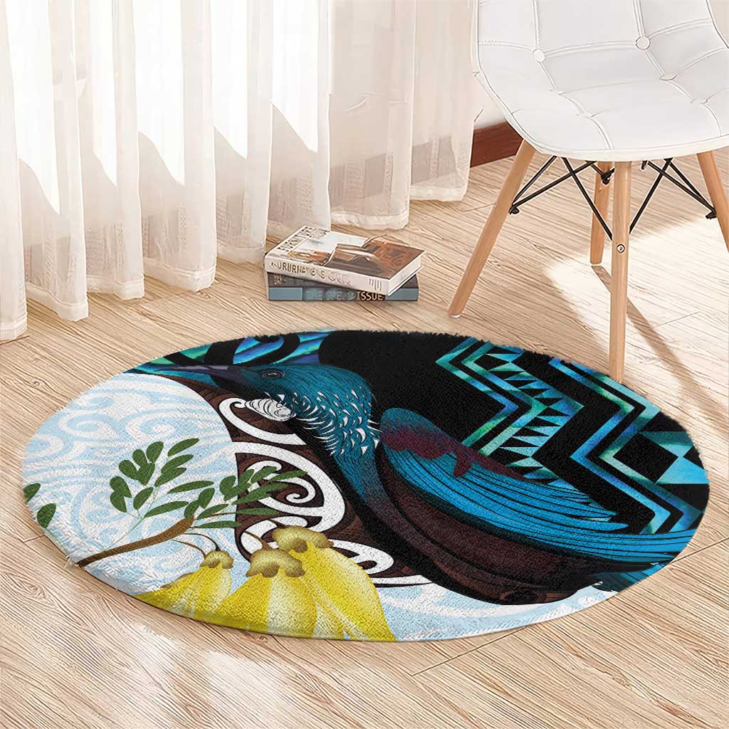 New Zealand Silver Fern Tui Bird Round Carpet Maori Kowhai Paua Shell Taniko Motifs