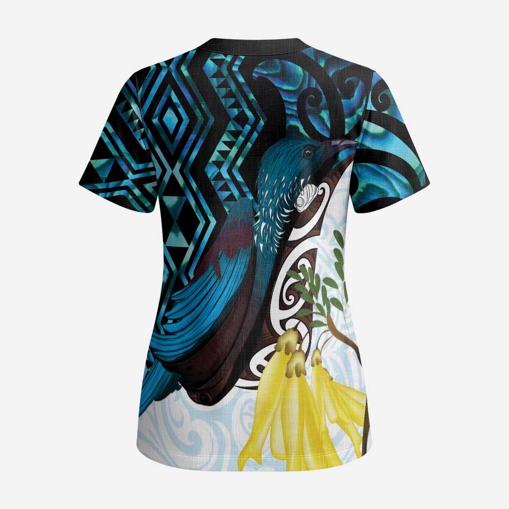 New Zealand Silver Fern Tui Bird Scrub Top Maori Kowhai Paua Shell Taniko Motifs - Polynesian Pride