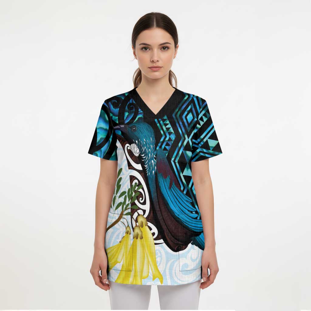 New Zealand Silver Fern Tui Bird Scrub Top Maori Kowhai Paua Shell Taniko Motifs - Polynesian Pride