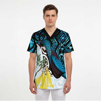 New Zealand Silver Fern Tui Bird Scrub Top Maori Kowhai Paua Shell Taniko Motifs - Polynesian Pride