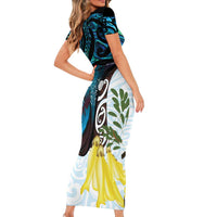 New Zealand Silver Fern Tui Bird Short Sleeve Bodycon Dress Maori Kowhai Paua Shell Taniko Motifs