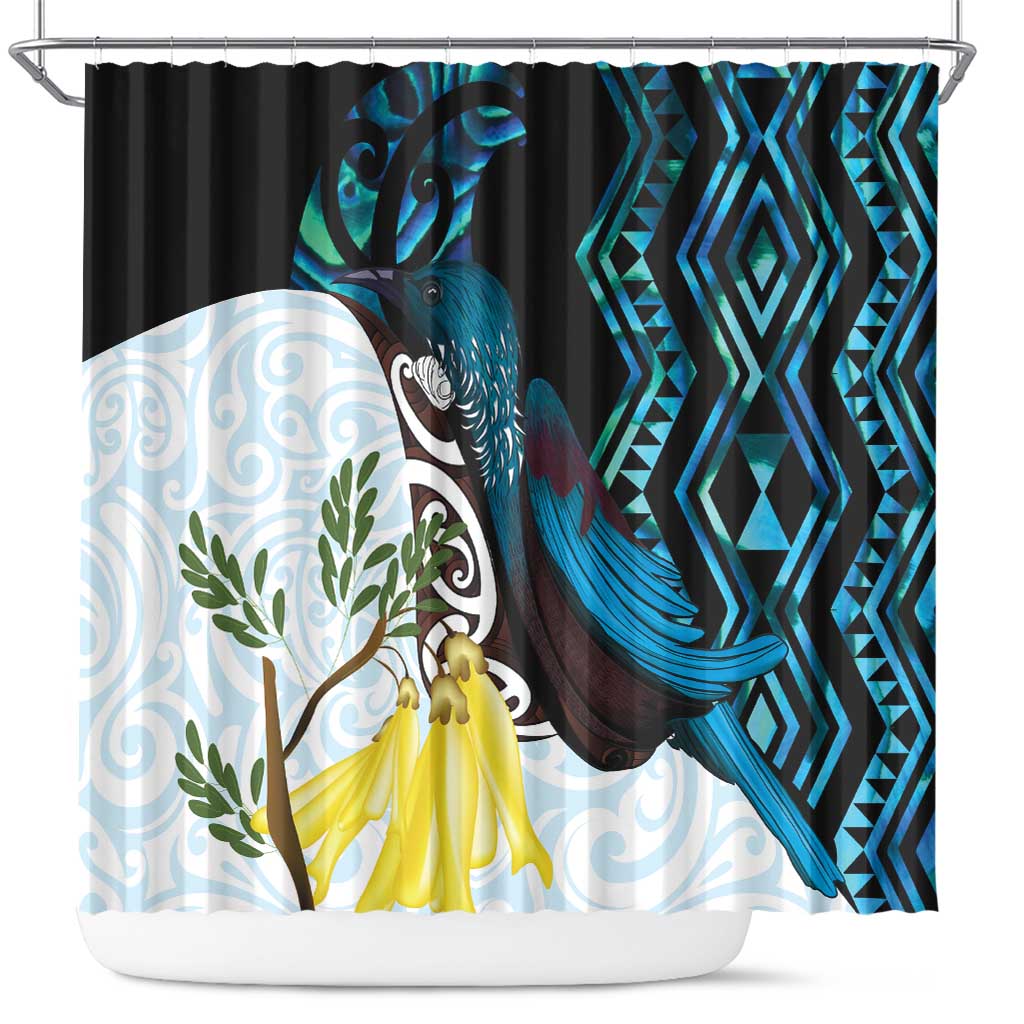 New Zealand Silver Fern Tui Bird Shower Curtain Maori Kowhai Paua Shell Taniko Motifs