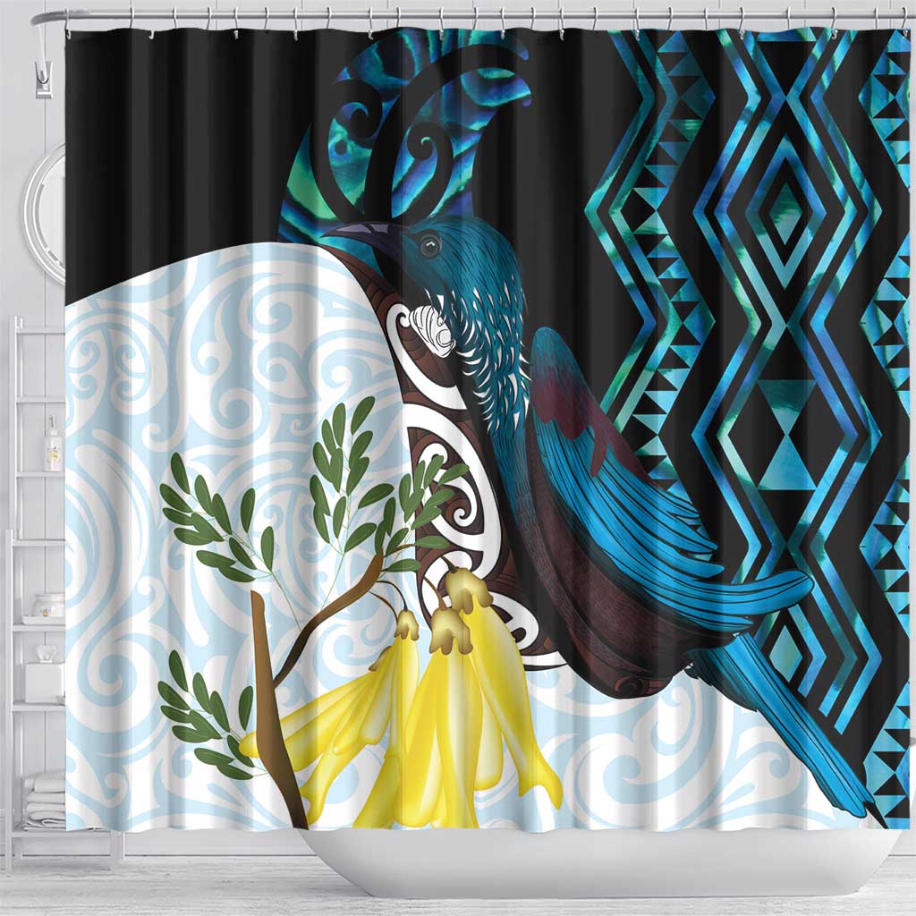 New Zealand Silver Fern Tui Bird Shower Curtain Maori Kowhai Paua Shell Taniko Motifs