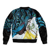New Zealand Silver Fern Tui Bird Sleeve Zip Bomber Jacket Maori Kowhai Paua Shell Taniko Motifs