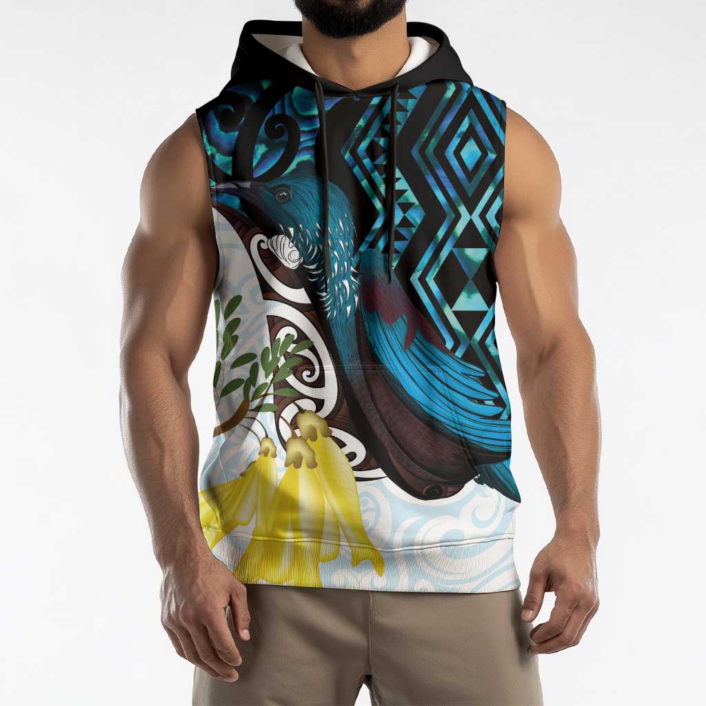 New Zealand Silver Fern Tui Bird Sleeveless Hoodie Maori Kowhai Paua Shell Taniko Motifs - Polynesian Pride