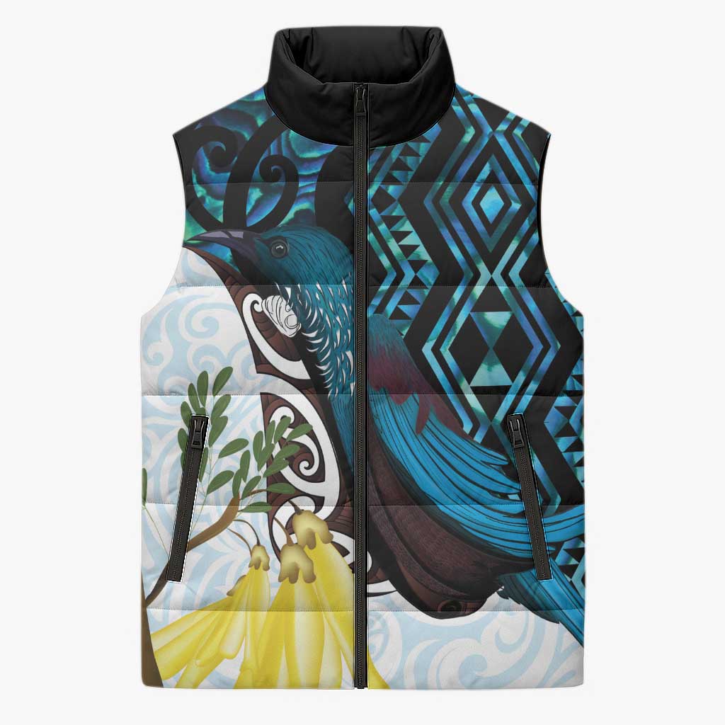 New Zealand Silver Fern Tui Bird Sleeveless Puffer Jacket Maori Kowhai Paua Shell Taniko Motifs - Polynesian Pride