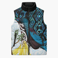 New Zealand Silver Fern Tui Bird Sleeveless Puffer Jacket Maori Kowhai Paua Shell Taniko Motifs - Polynesian Pride