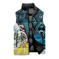 New Zealand Silver Fern Tui Bird Sleeveless Puffer Jacket Maori Kowhai Paua Shell Taniko Motifs - Polynesian Pride