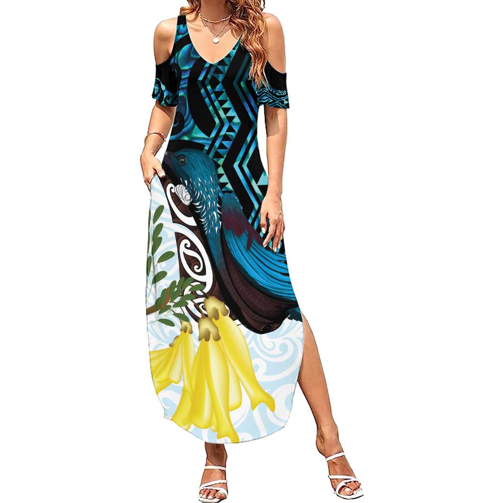 New Zealand Silver Fern Tui Bird Summer Maxi Dress Maori Kowhai Paua Shell Taniko Motifs