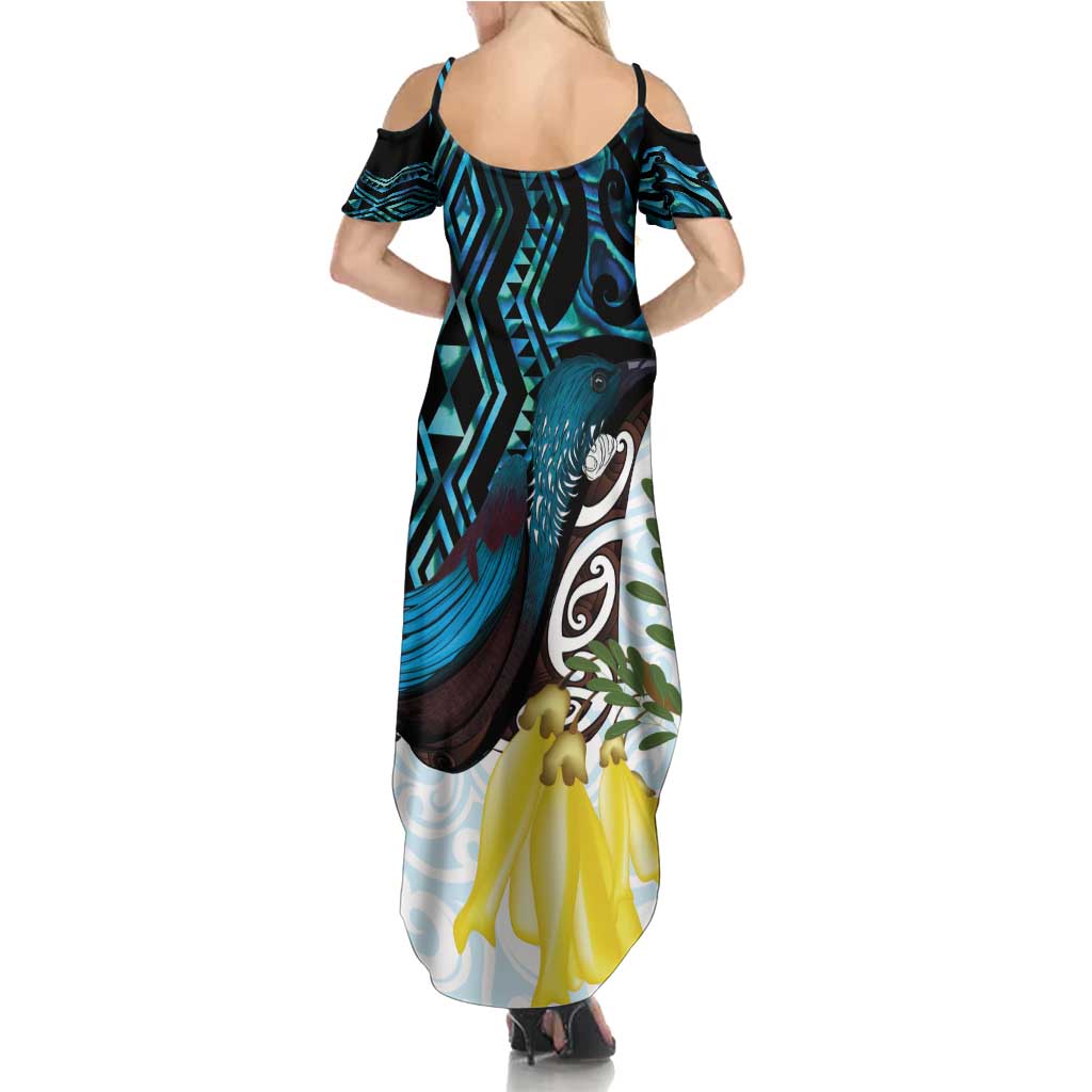 New Zealand Silver Fern Tui Bird Summer Maxi Dress Maori Kowhai Paua Shell Taniko Motifs
