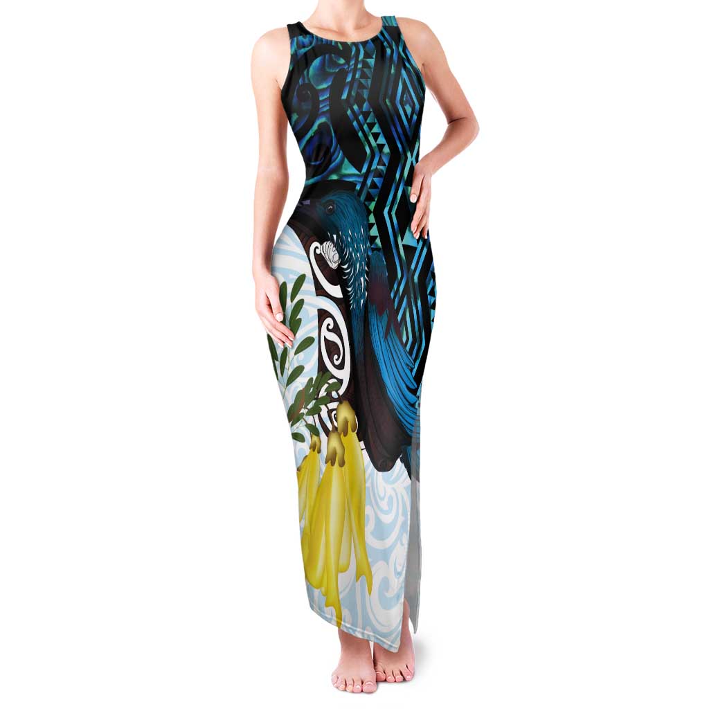 New Zealand Silver Fern Tui Bird Tank Maxi Dress Maori Kowhai Paua Shell Taniko Motifs