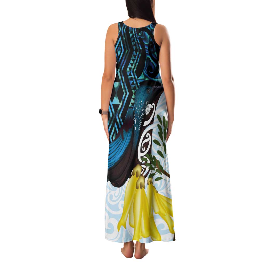 New Zealand Silver Fern Tui Bird Tank Maxi Dress Maori Kowhai Paua Shell Taniko Motifs