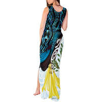 New Zealand Silver Fern Tui Bird Tank Maxi Dress Maori Kowhai Paua Shell Taniko Motifs