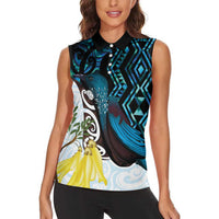 New Zealand Silver Fern Tui Bird Women Sleeveless Polo Shirt Maori Kowhai Paua Shell Taniko Motifs