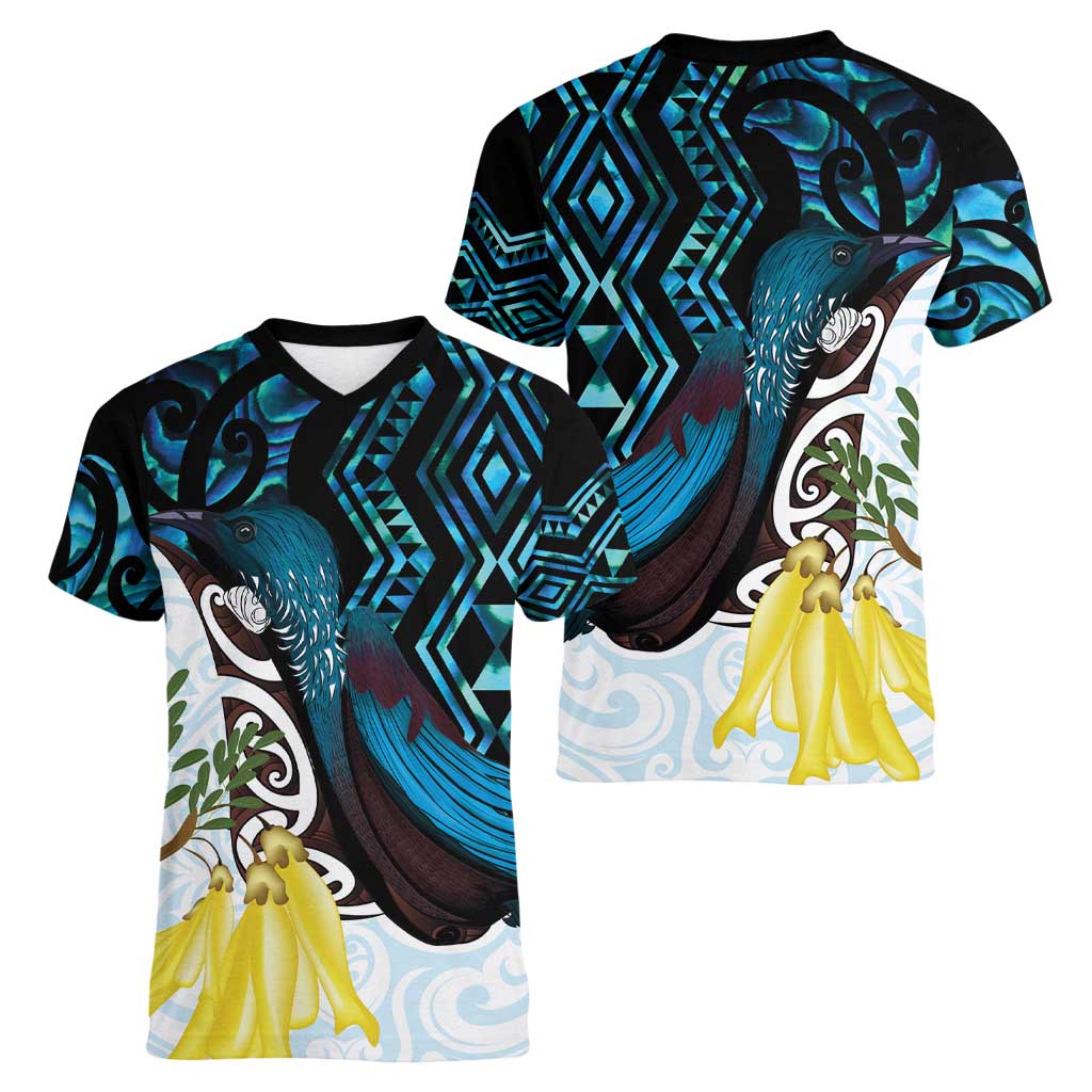 New Zealand Silver Fern Tui Bird Women V-Neck T-Shirt Maori Kowhai Paua Shell Taniko Motifs