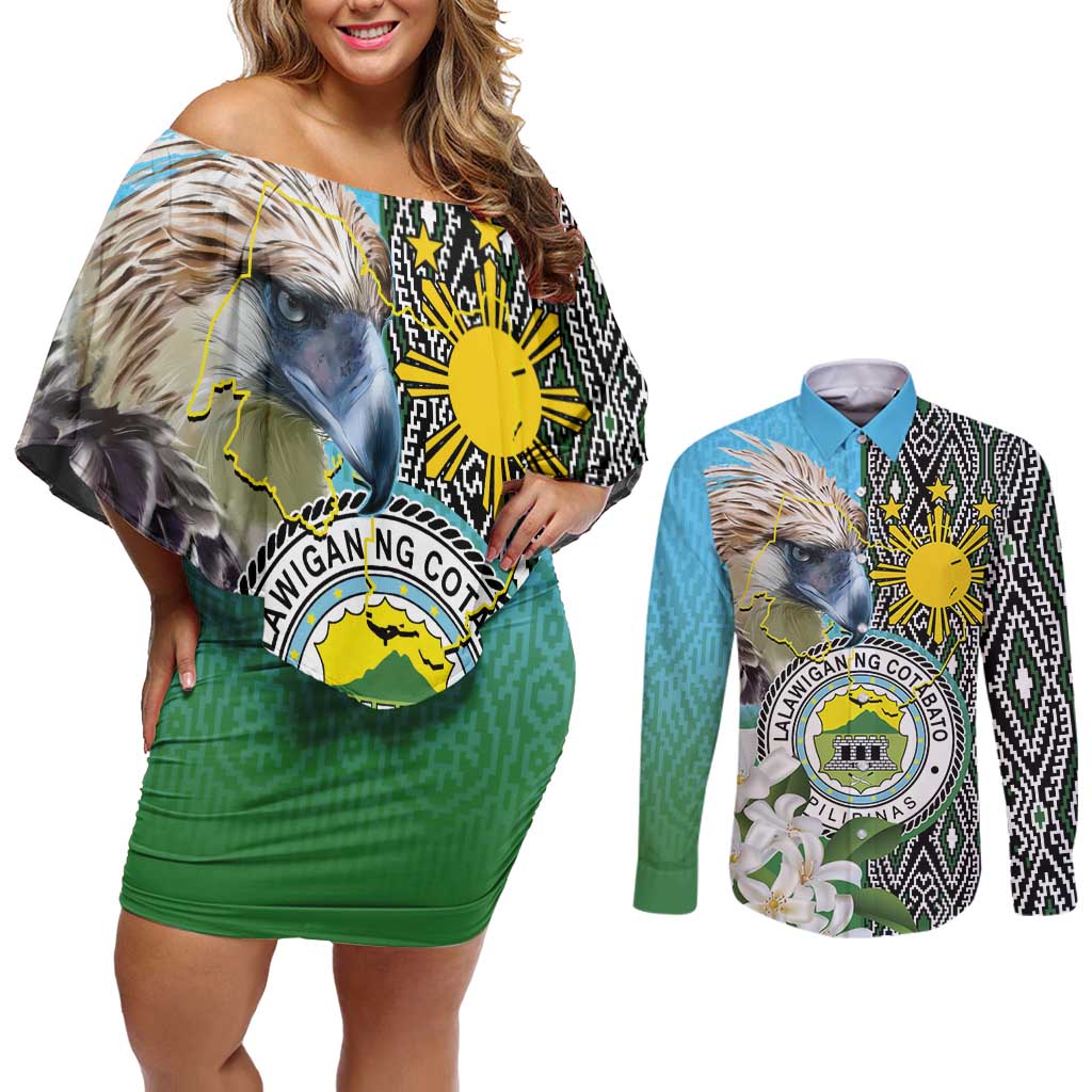 Cotabato Philippines Province Couples Matching Off Shoulder Short Dress and Long Sleeve Button Shirt Filipino Eagle Sampaguita Tinalak Pattern