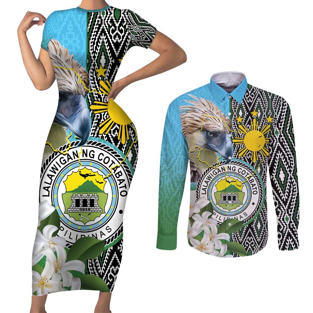 Cotabato Philippines Province Couples Matching Short Sleeve Bodycon Dress and Long Sleeve Button Shirt Filipino Eagle Sampaguita Tinalak Pattern
