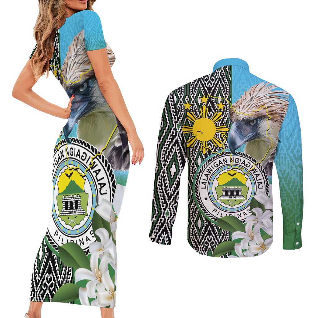 Cotabato Philippines Province Couples Matching Short Sleeve Bodycon Dress and Long Sleeve Button Shirt Filipino Eagle Sampaguita Tinalak Pattern