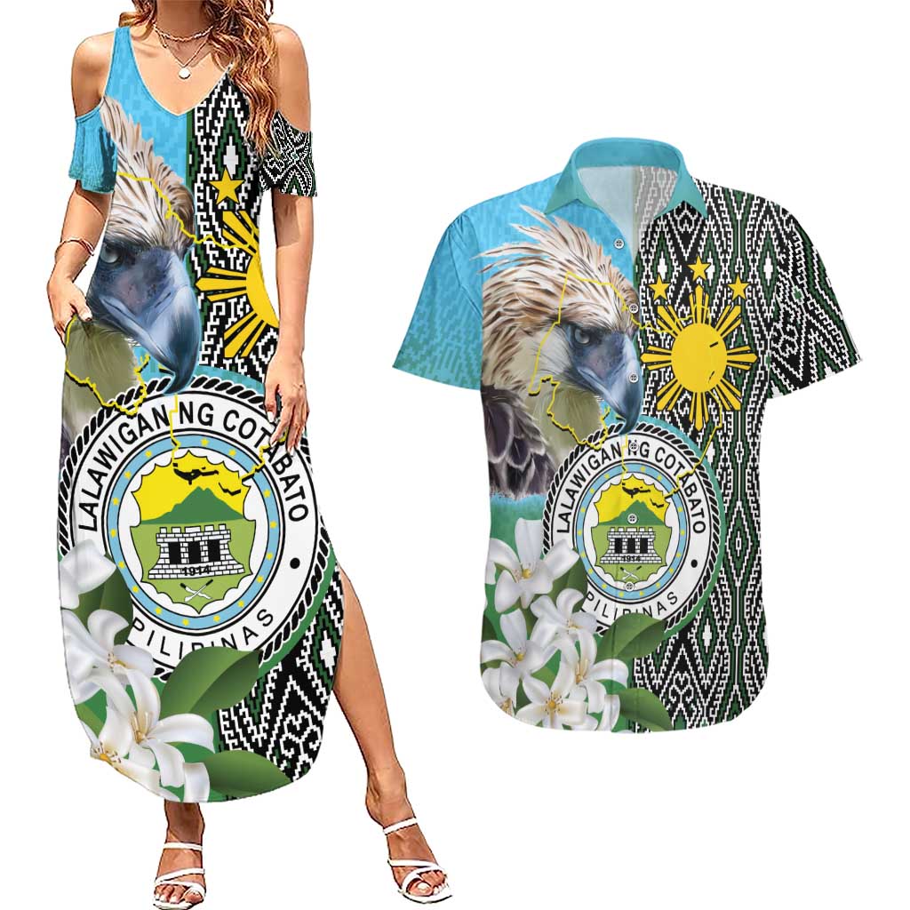 Cotabato Philippines Province Couples Matching Summer Maxi Dress and Hawaiian Shirt Filipino Eagle Sampaguita Tinalak Pattern