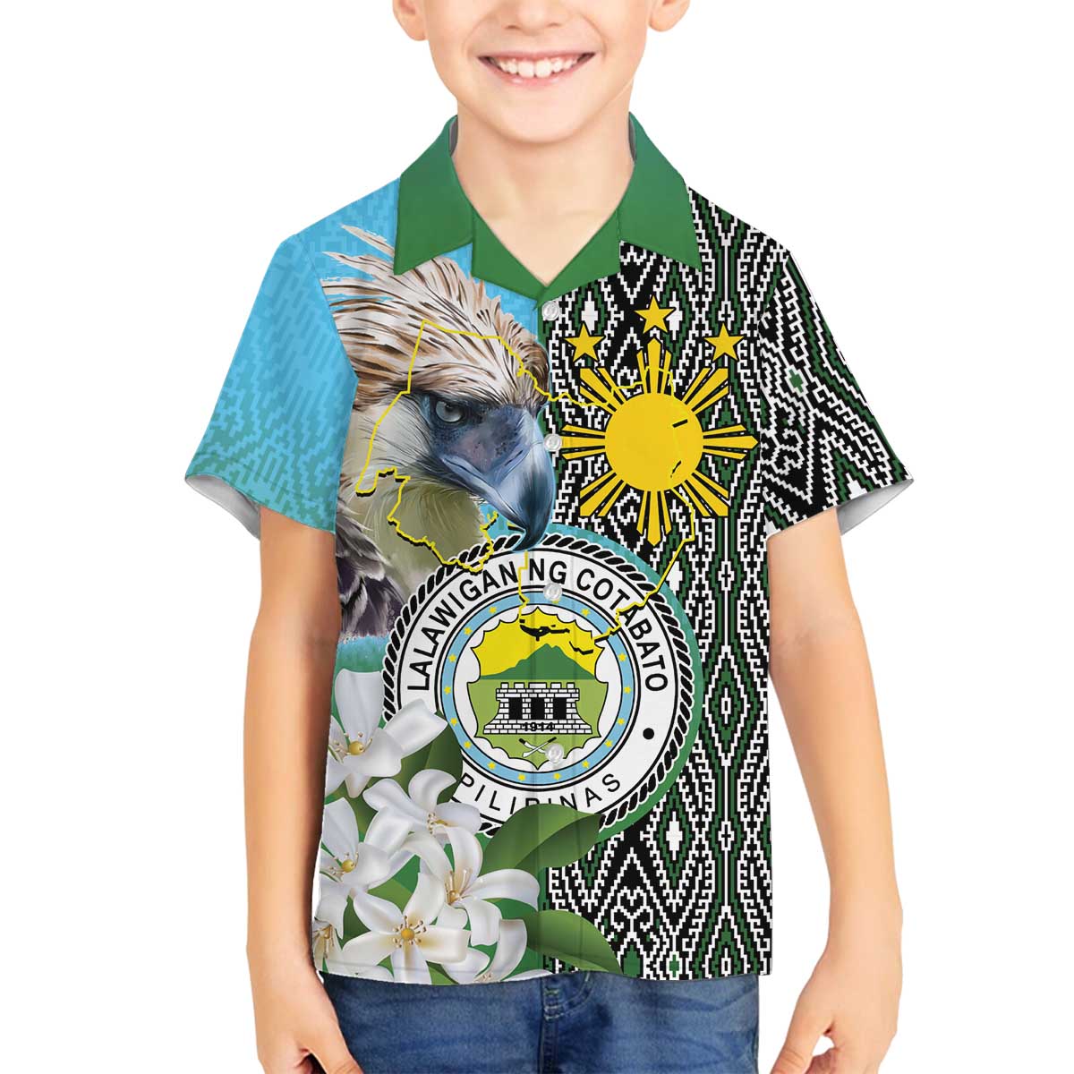 Cotabato Philippines Province Family Matching Off The Shoulder Long Sleeve Dress and Hawaiian Shirt Filipino Eagle Sampaguita Tinalak Pattern