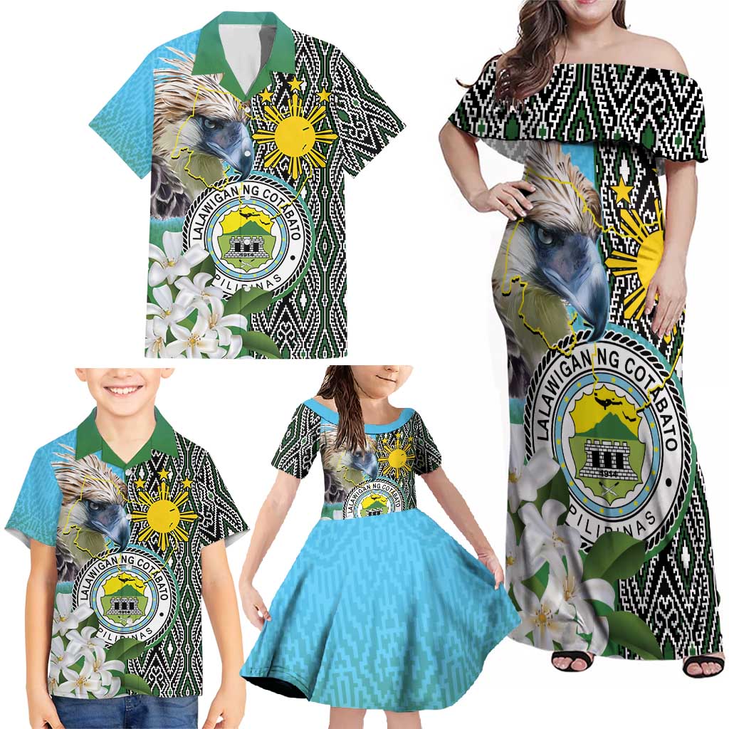 Cotabato Philippines Province Family Matching Off Shoulder Maxi Dress and Hawaiian Shirt Filipino Eagle Sampaguita Tinalak Pattern