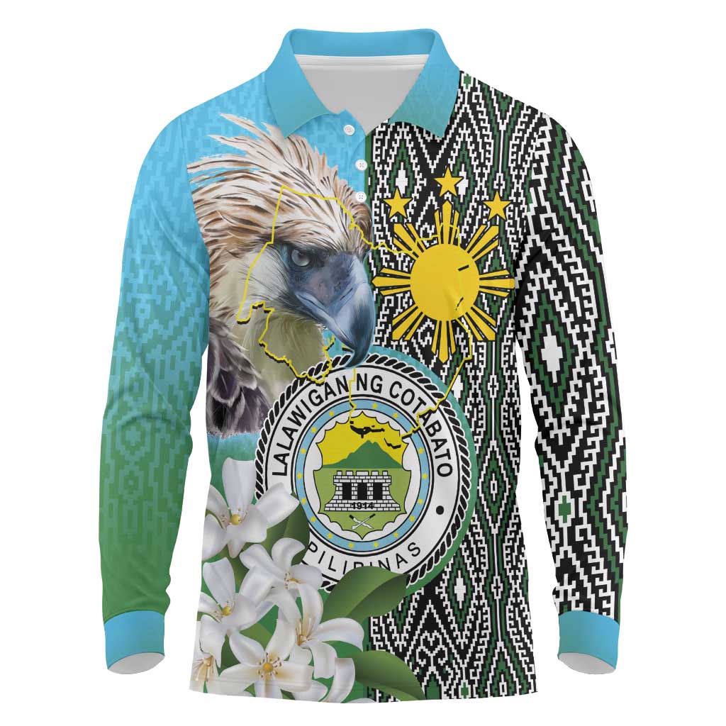 Cotabato Philippines Province Long Sleeve Polo Shirt Filipino Eagle Sampaguita Tinalak Pattern