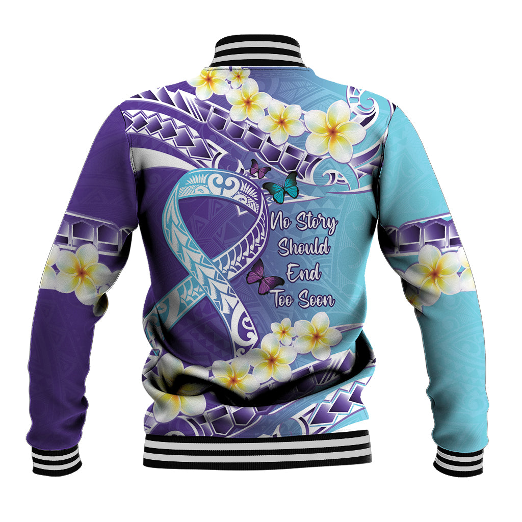 No Story Should End Too Soon Suicide Awareness Baseball Jacket Purple And Teal Polynesian Ribbon