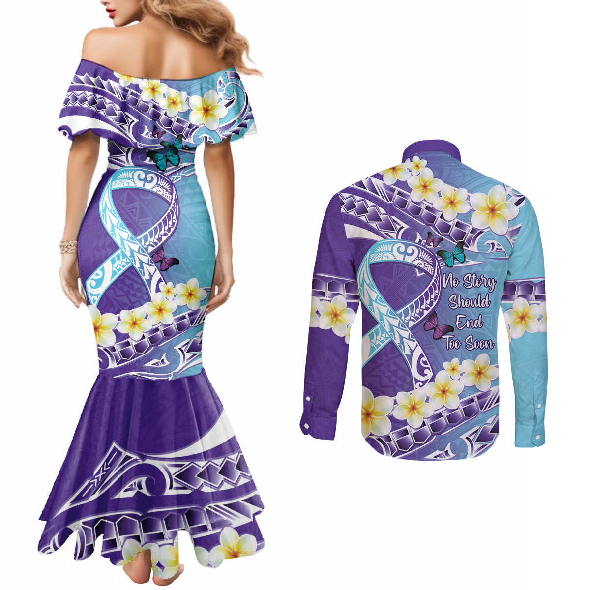 No Story Should End Too Soon Suicide Awareness Couples Matching Mermaid Dress and Long Sleeve Button Shirt Purple And Teal Polynesian Ribbon