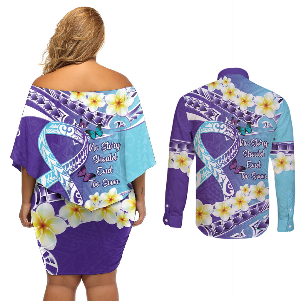 No Story Should End Too Soon Suicide Awareness Couples Matching Off Shoulder Short Dress and Long Sleeve Button Shirt Purple And Teal Polynesian Ribbon