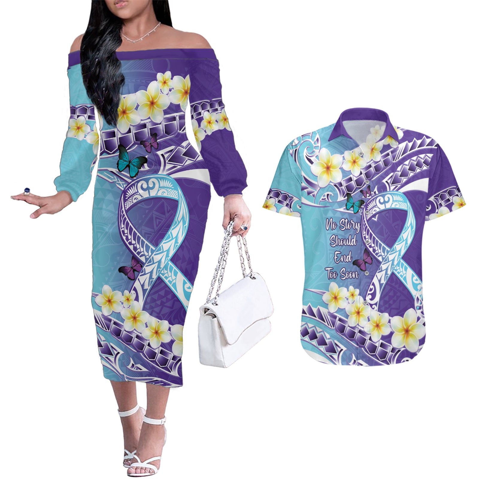 No Story Should End Too Soon Suicide Awareness Couples Matching Off The Shoulder Long Sleeve Dress and Hawaiian Shirt Purple And Teal Polynesian Ribbon