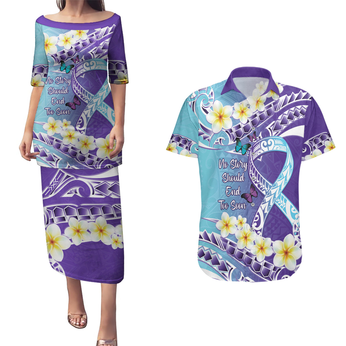 No Story Should End Too Soon Suicide Awareness Couples Matching Puletasi and Hawaiian Shirt Purple And Teal Polynesian Ribbon