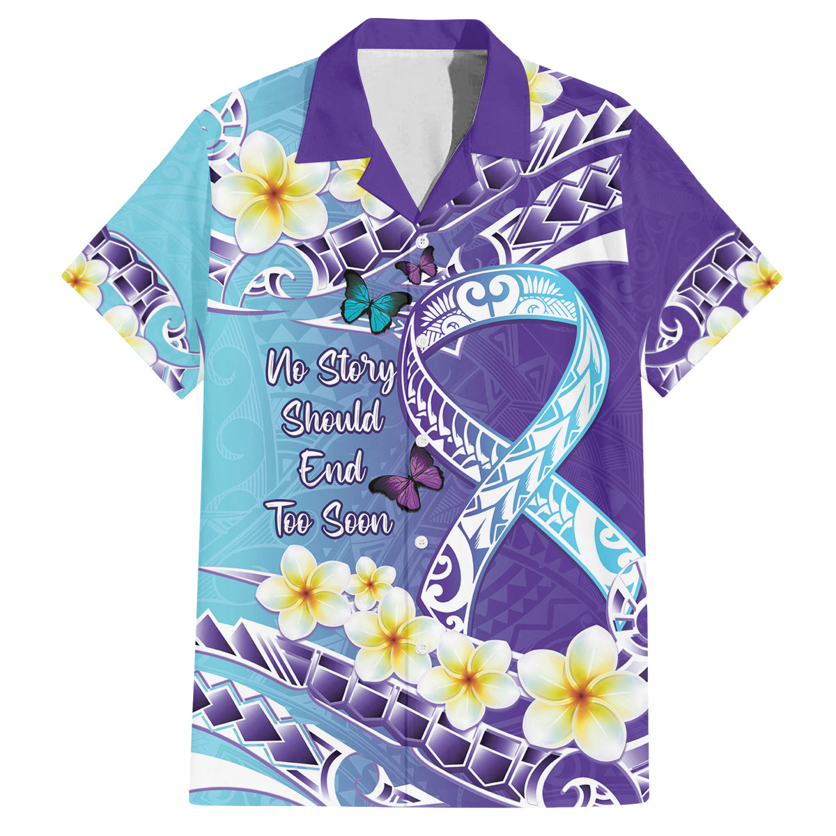 No Story Should End Too Soon Suicide Awareness Family Matching Long Sleeve Bodycon Dress and Hawaiian Shirt Purple And Teal Polynesian Ribbon