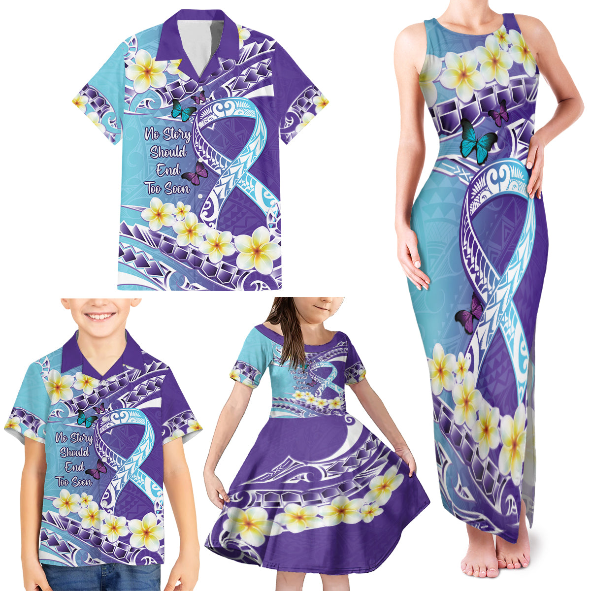No Story Should End Too Soon Suicide Awareness Family Matching Tank Maxi Dress and Hawaiian Shirt Purple And Teal Polynesian Ribbon