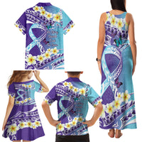 No Story Should End Too Soon Suicide Awareness Family Matching Tank Maxi Dress and Hawaiian Shirt Purple And Teal Polynesian Ribbon