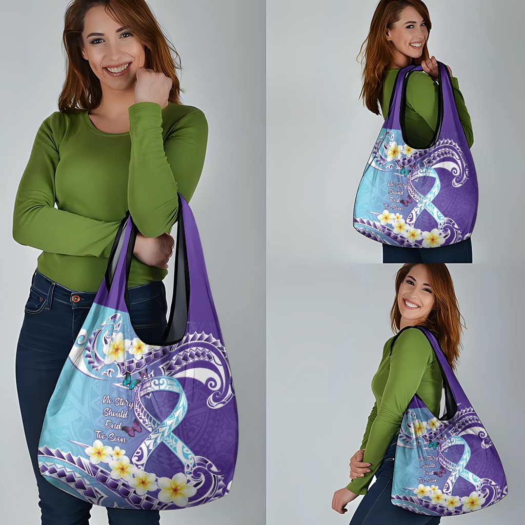 No Story Should End Too Soon Suicide Awareness Grocery Bag Purple And Teal Polynesian Ribbon