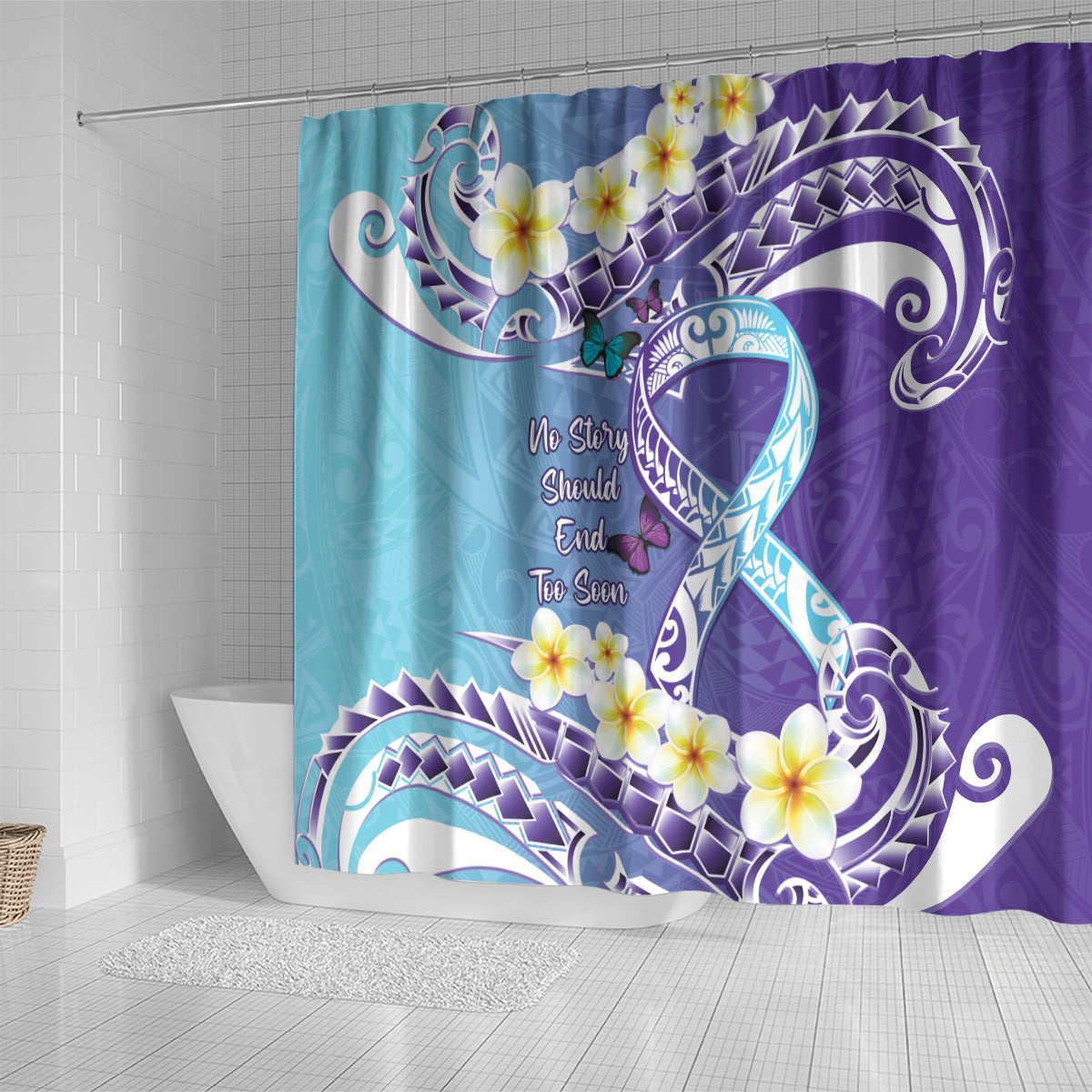 No Story Should End Too Soon Suicide Awareness Shower Curtain Purple And Teal Polynesian Ribbon