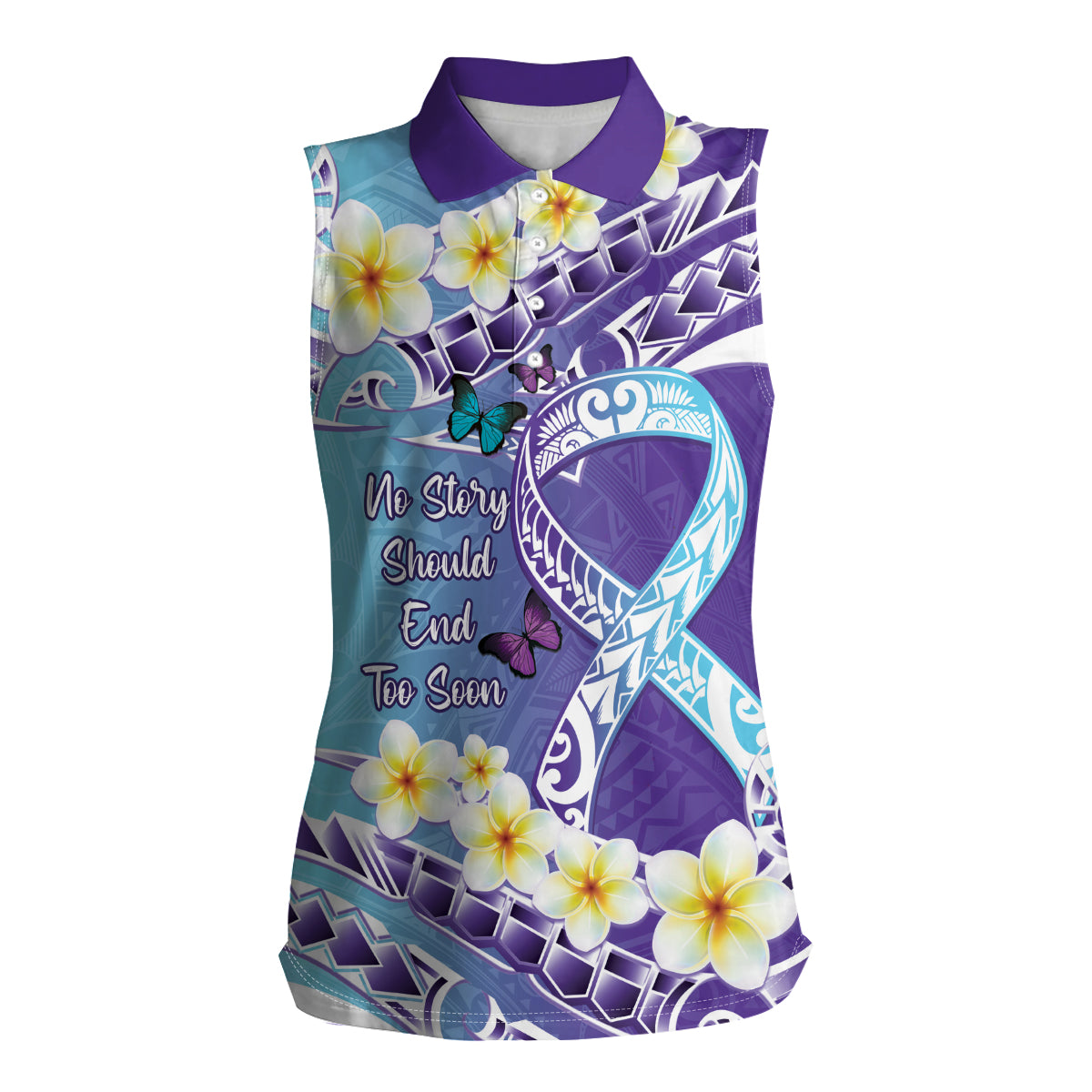 No Story Should End Too Soon Suicide Awareness Women Sleeveless Polo Shirt Purple And Teal Polynesian Ribbon