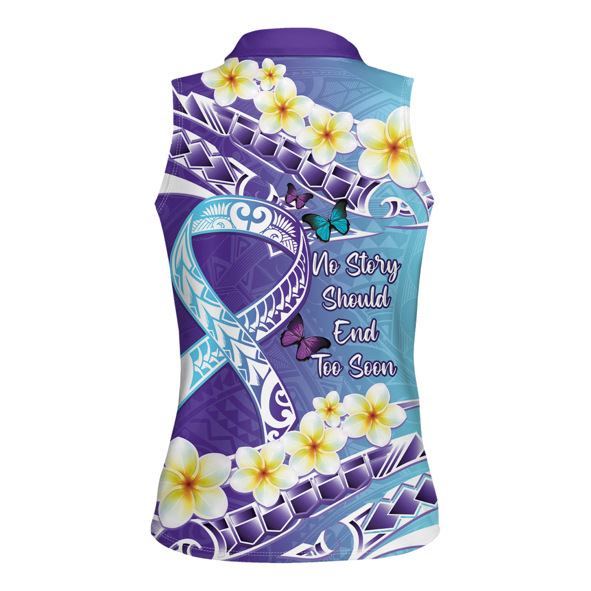 No Story Should End Too Soon Suicide Awareness Women Sleeveless Polo Shirt Purple And Teal Polynesian Ribbon