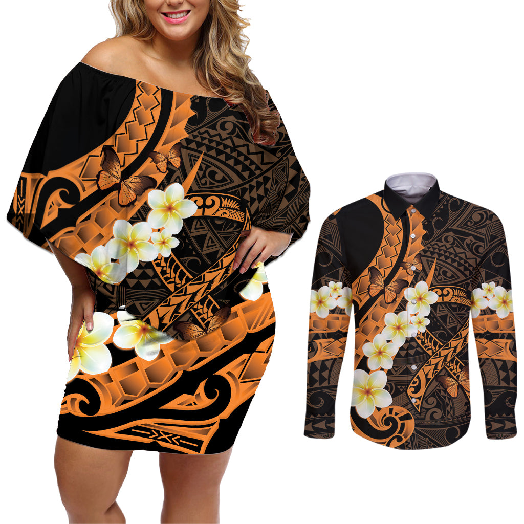 Liver Cancer Awareness Month Couples Matching Off Shoulder Short Dress and Long Sleeve Button Shirt Awareness Is Key Orange Polynesian Ribbon