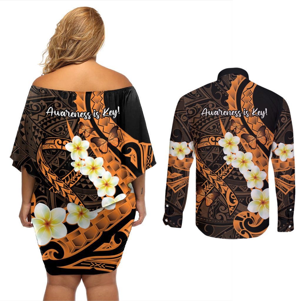 Liver Cancer Awareness Month Couples Matching Off Shoulder Short Dress and Long Sleeve Button Shirt Awareness Is Key Orange Polynesian Ribbon