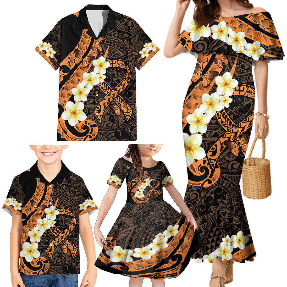 Liver Cancer Awareness Month Family Matching Mermaid Dress and Hawaiian Shirt Awareness Is Key Orange Polynesian Ribbon
